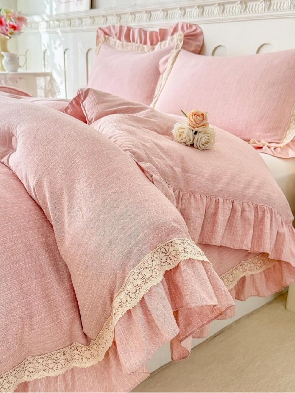 Blush Pink Ruffle Comforter Set Queen - 3 Piece Boho Farmhouse Bedding, Lace